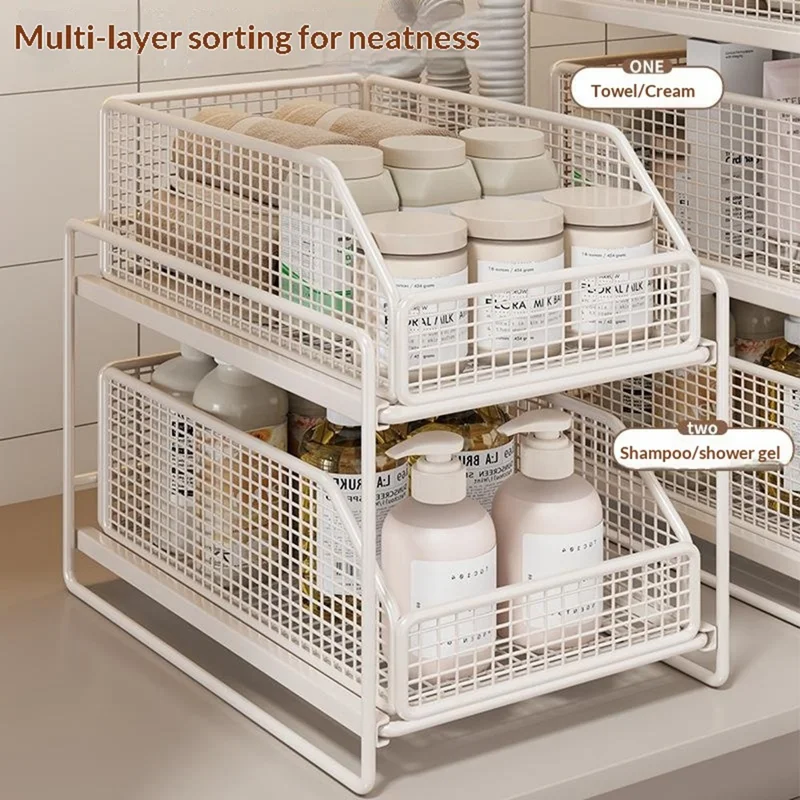 2-Layer 37x25x35cm Pull-Out Storage Rack Under Sink Organizer Drawer Basket Shelf for Cabinet - White
