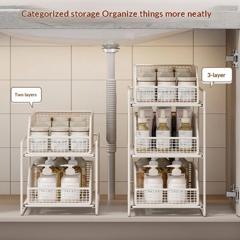 2-Layer 37x25x35cm Pull-Out Storage Rack Under Sink Organizer Drawer Basket Shelf for Cabinet - White