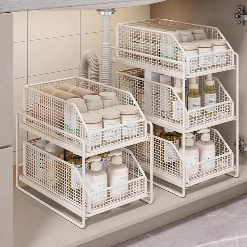 2-Layer 37x25x35cm Pull-Out Storage Rack Under Sink Organizer Drawer Basket Shelf for Cabinet - White