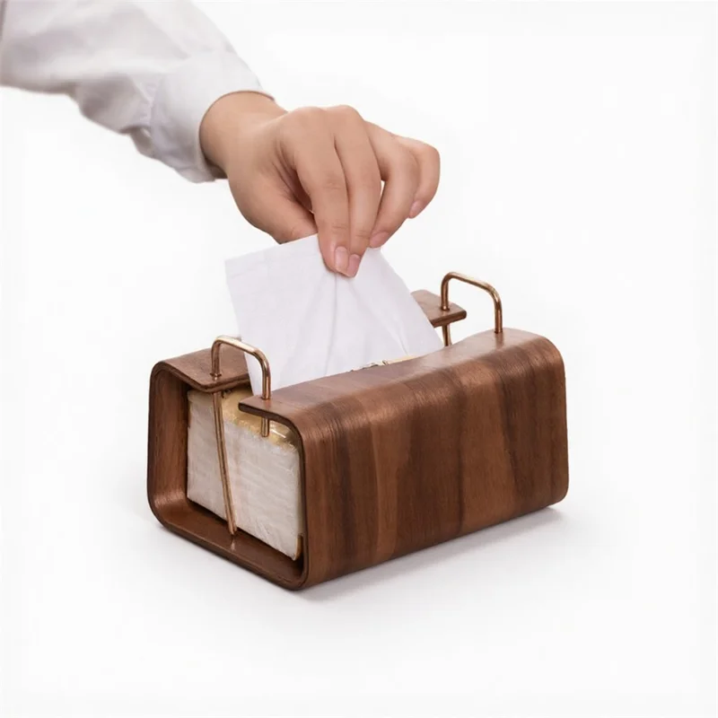 Retro Wooden Tissue Box Desktop Paper Dispenser with Metal Handles for Home Hotel Office - Square