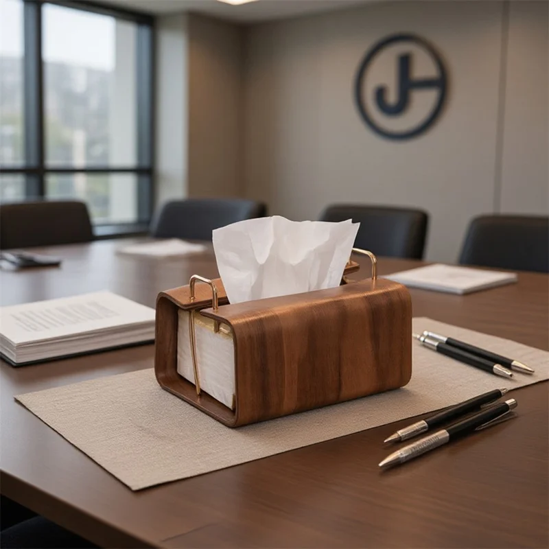 Retro Wooden Tissue Box Desktop Paper Dispenser with Metal Handles for Home Hotel Office - Square