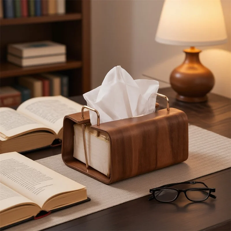 Retro Wooden Tissue Box Desktop Paper Dispenser with Metal Handles for Home Hotel Office - Square