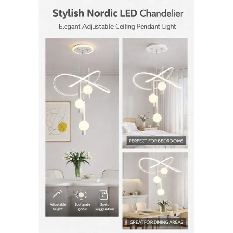 Nordic Style 3 Color Temperature LED Chandelier Pendant Light Adjustable Height for Dining Room Bedroom - White