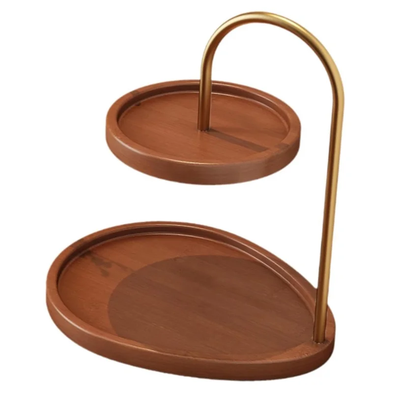 2-Tier Bamboo Jewelry Organizer Tray with Metal Stand Desktop Display Holder for Perfume