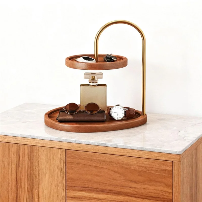 2-Tier Bamboo Jewelry Organizer Tray with Metal Stand Desktop Display Holder for Perfume