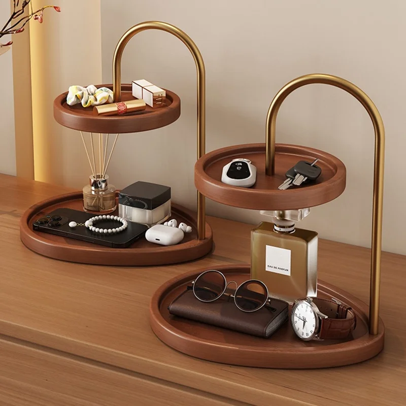 2-Tier Bamboo Jewelry Organizer Tray with Metal Stand Desktop Display Holder for Perfume