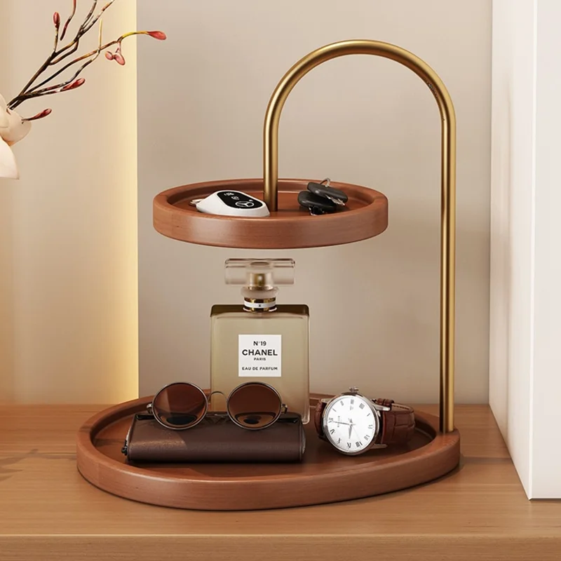 2-Tier Bamboo Jewelry Organizer Tray with Metal Stand Desktop Display Holder for Perfume