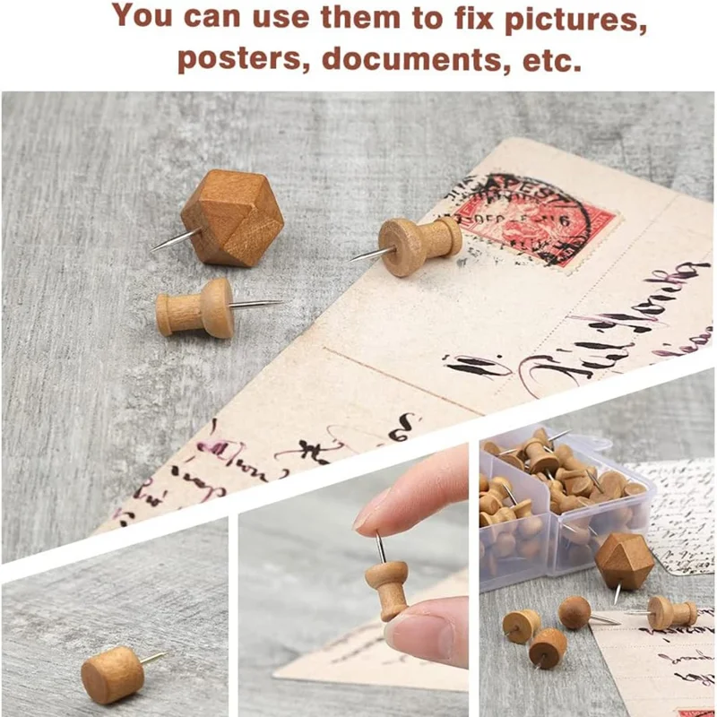 50 pièces, 5 formes, punaises en bois avec boîte de rangement, punaises à tête en bois pour tableau de liège, bureau et maison