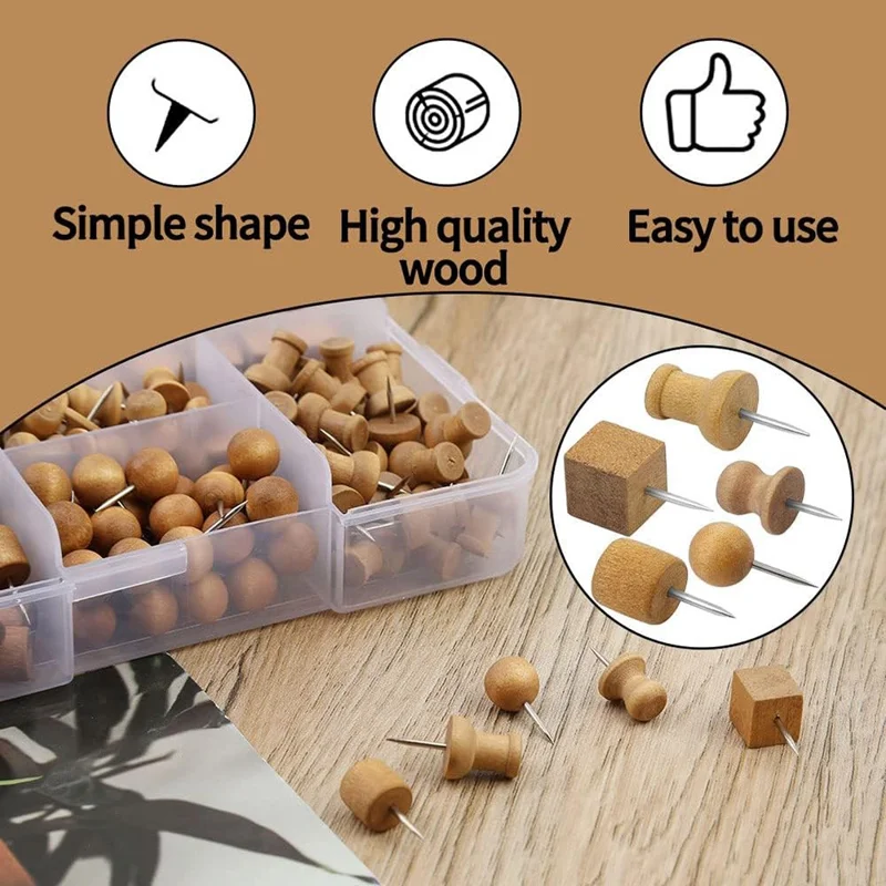 50 pièces, 5 formes, punaises en bois avec boîte de rangement, punaises à tête en bois pour tableau de liège, bureau et maison