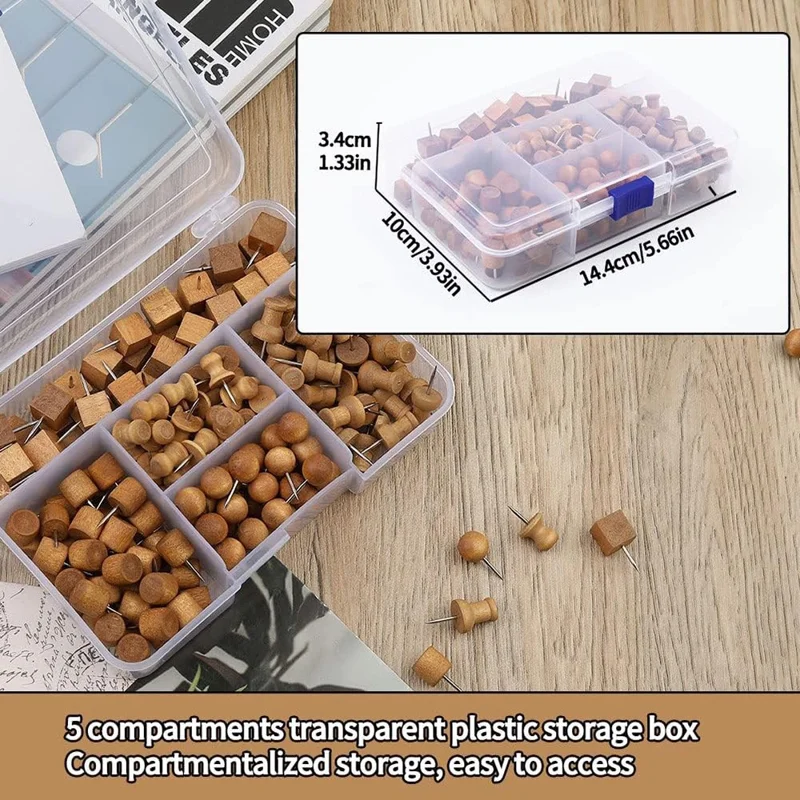 50 pièces, 5 formes, punaises en bois avec boîte de rangement, punaises à tête en bois pour tableau de liège, bureau et maison