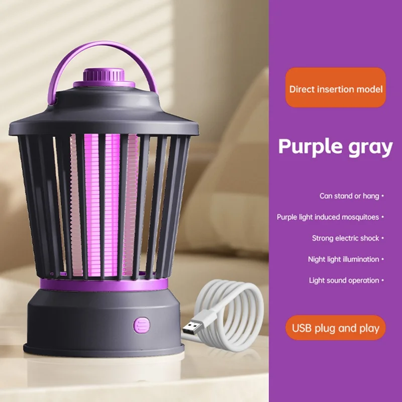 Lampe anti-moustiques M12 sur fiche 360°, 3000 V, tueur d'insectes électrique pour intérieur et extérieur - Gris