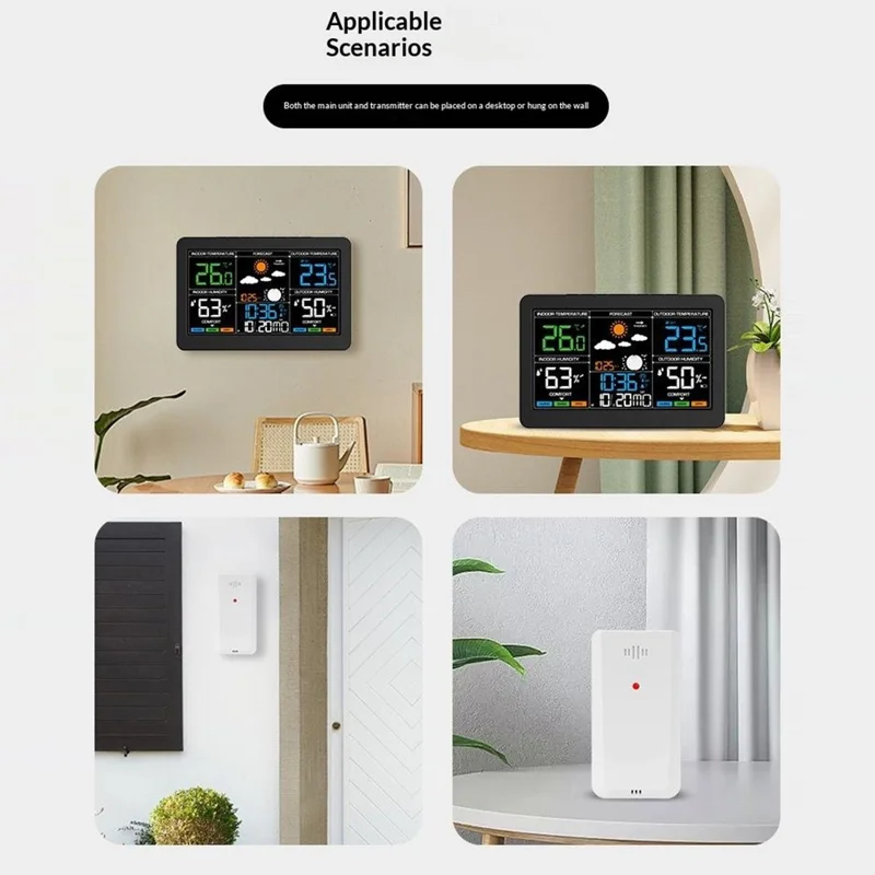 Sveglia Digitale con Termometro Igrometro Meteo Schermo Colorato Grande RF Wireless con Previsioni del Tempo a 4 Livelli