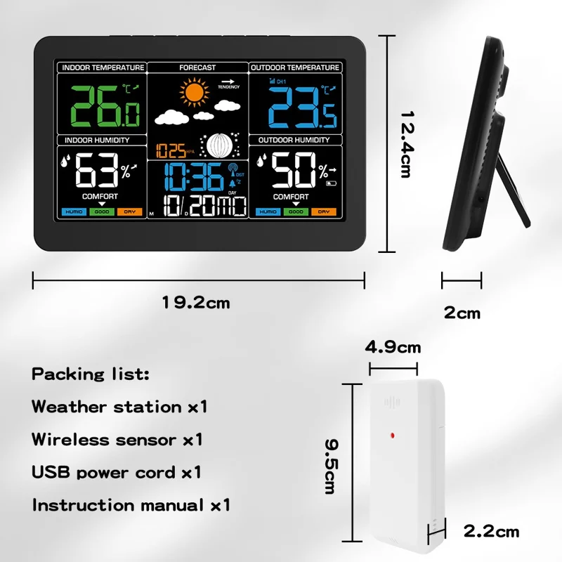Sveglia Digitale con Termometro Igrometro Meteo Schermo Colorato Grande RF Wireless con Previsioni del Tempo a 4 Livelli