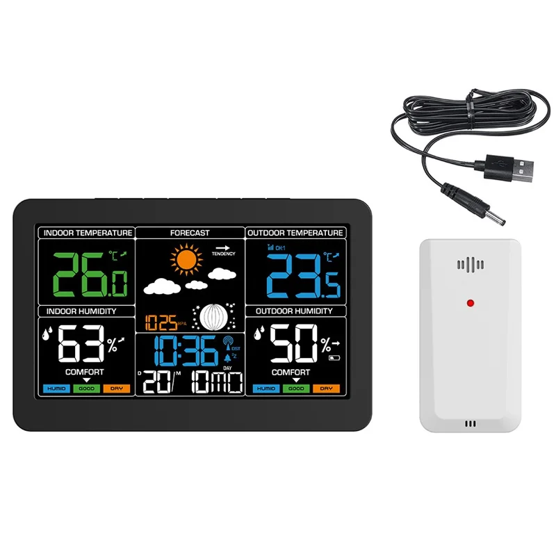 Sveglia Digitale con Termometro Igrometro Meteo Schermo Colorato Grande RF Wireless con Previsioni del Tempo a 4 Livelli