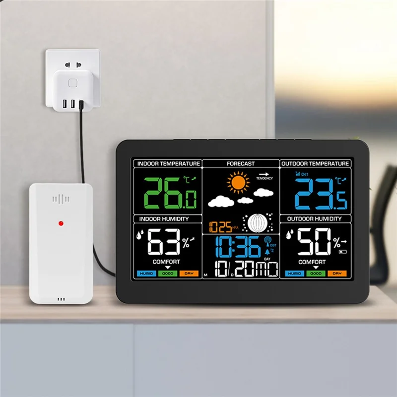 Sveglia Digitale con Termometro Igrometro Meteo Schermo Colorato Grande RF Wireless con Previsioni del Tempo a 4 Livelli