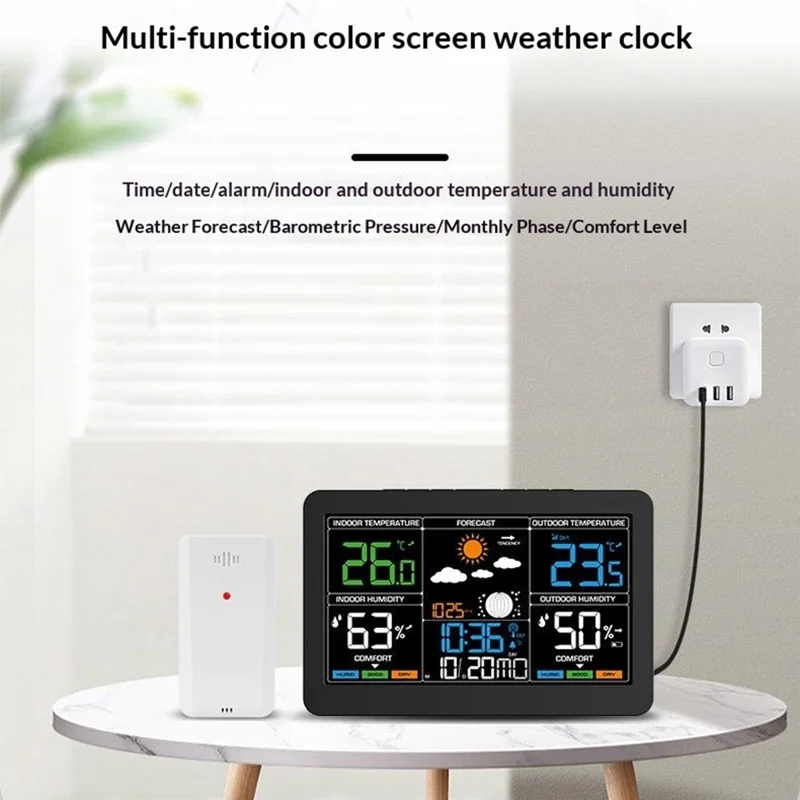 Sveglia Digitale con Termometro Igrometro Meteo Schermo Colorato Grande RF Wireless con Previsioni del Tempo a 4 Livelli