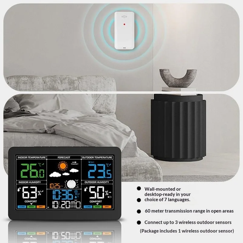 Sveglia Digitale con Termometro Igrometro Meteo Schermo Colorato Grande RF Wireless con Previsioni del Tempo a 4 Livelli