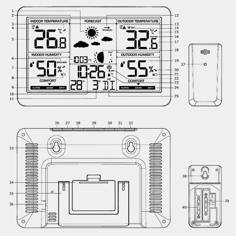 Sveglia Digitale con Termometro Igrometro Meteo Schermo Colorato Grande RF Wireless con Previsioni del Tempo a 4 Livelli