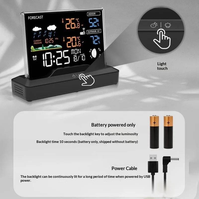 Orologio con Previsioni del Tempo, Termometro Digitale per Temperatura e Umidità Interna, Sveglia Wireless RF, Stazione Meteorologica - Nero