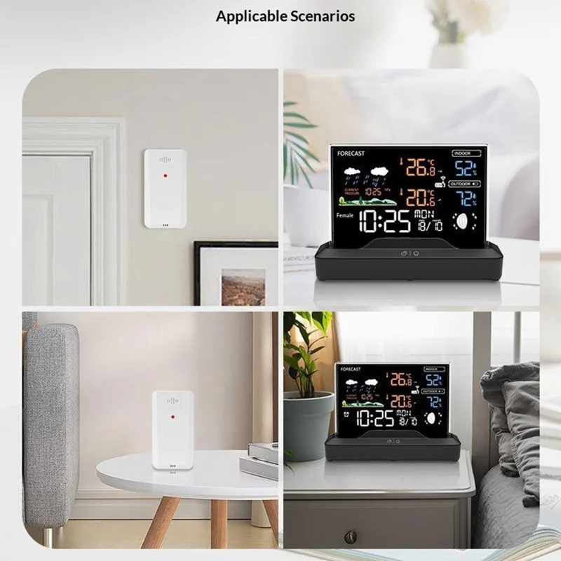 Orologio con Previsioni del Tempo, Termometro Digitale per Temperatura e Umidità Interna, Sveglia Wireless RF, Stazione Meteorologica - Nero