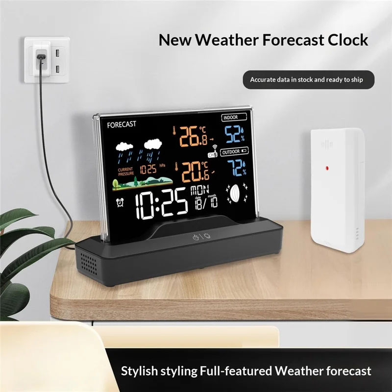 Orologio con Previsioni del Tempo, Termometro Digitale per Temperatura e Umidità Interna, Sveglia Wireless RF, Stazione Meteorologica - Nero