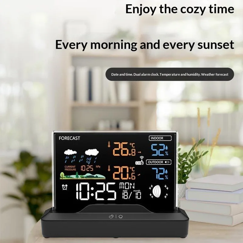 Orologio con Previsioni del Tempo, Termometro Digitale per Temperatura e Umidità Interna, Sveglia Wireless RF, Stazione Meteorologica - Nero