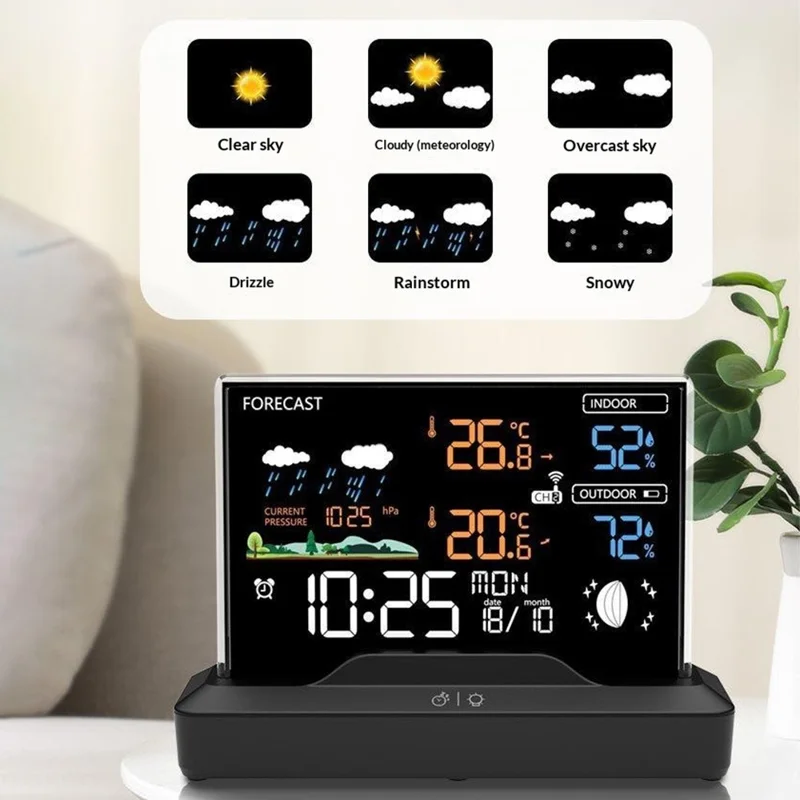 Orologio con Previsioni del Tempo, Termometro Digitale per Temperatura e Umidità Interna, Sveglia Wireless RF, Stazione Meteorologica - Nero