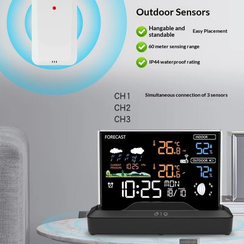 Orologio con Previsioni del Tempo, Termometro Digitale per Temperatura e Umidità Interna, Sveglia Wireless RF, Stazione Meteorologica - Nero
