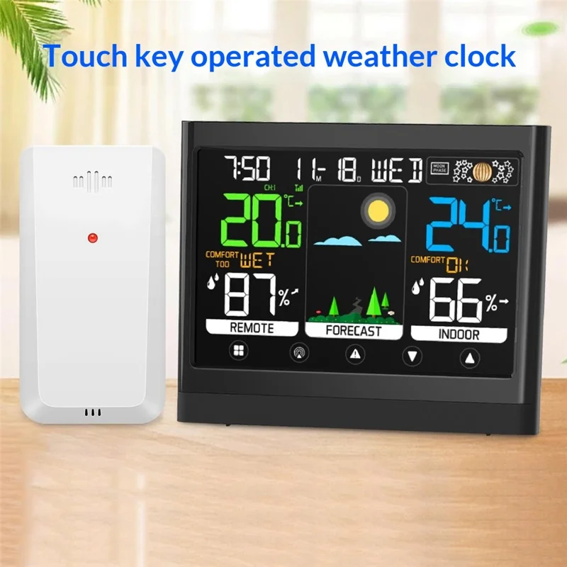 Sveglia Meteo con Schermo Tattile a Colori Termometro Igrometro Wireless RF Sveglia Previsioni del Tempo - Nero