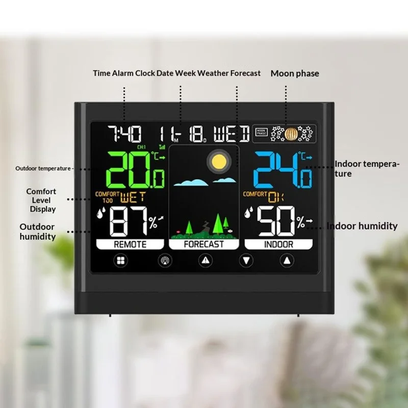 Sveglia Meteo con Schermo Tattile a Colori Termometro Igrometro Wireless RF Sveglia Previsioni del Tempo - Nero