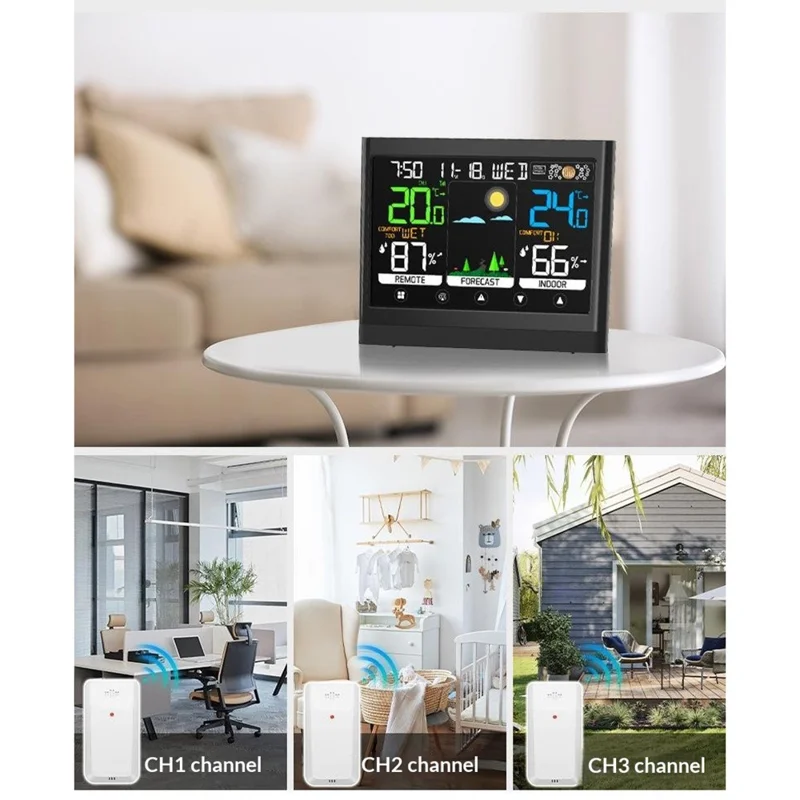 Sveglia Meteo con Schermo Tattile a Colori Termometro Igrometro Wireless RF Sveglia Previsioni del Tempo - Nero