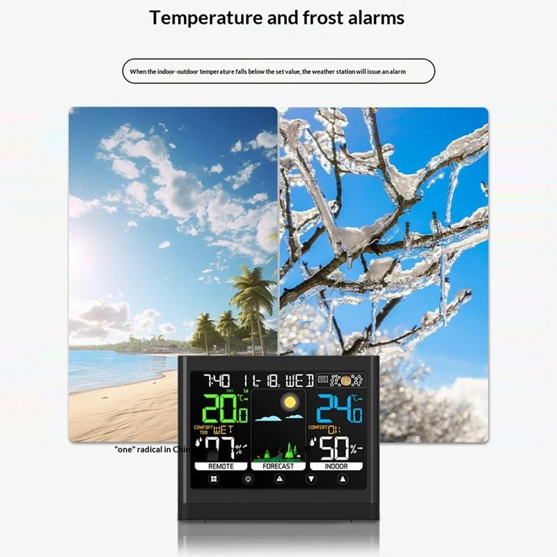 Sveglia Meteo con Schermo Tattile a Colori Termometro Igrometro Wireless RF Sveglia Previsioni del Tempo - Nero