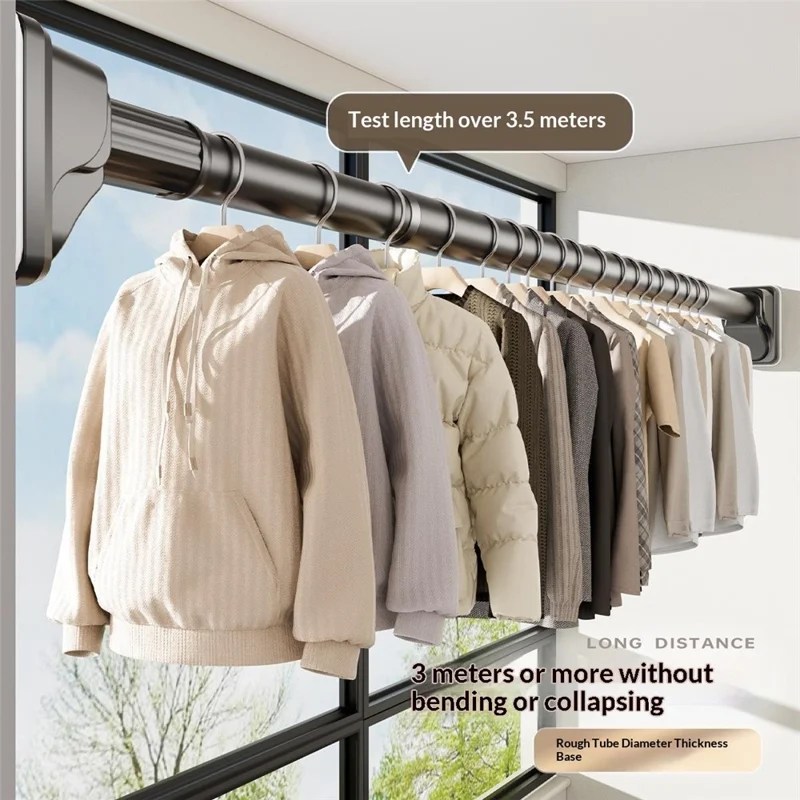 0.7-1.2m Retractable Telescopic Clothes Drying Rod One-Click Extension No Drilling Wall Mounted Closet Balcony Rack - Black