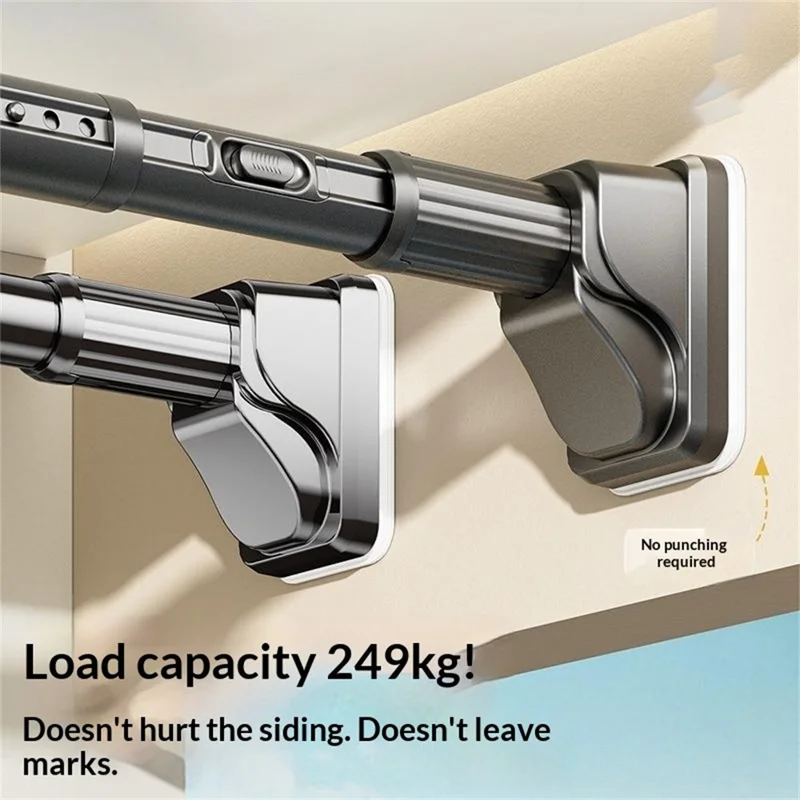 1.9-2.6m Retractable Telescopic Clothes Drying Rod One-Click Extension No Drilling Wall Mounted Closet Balcony Rack - Grey