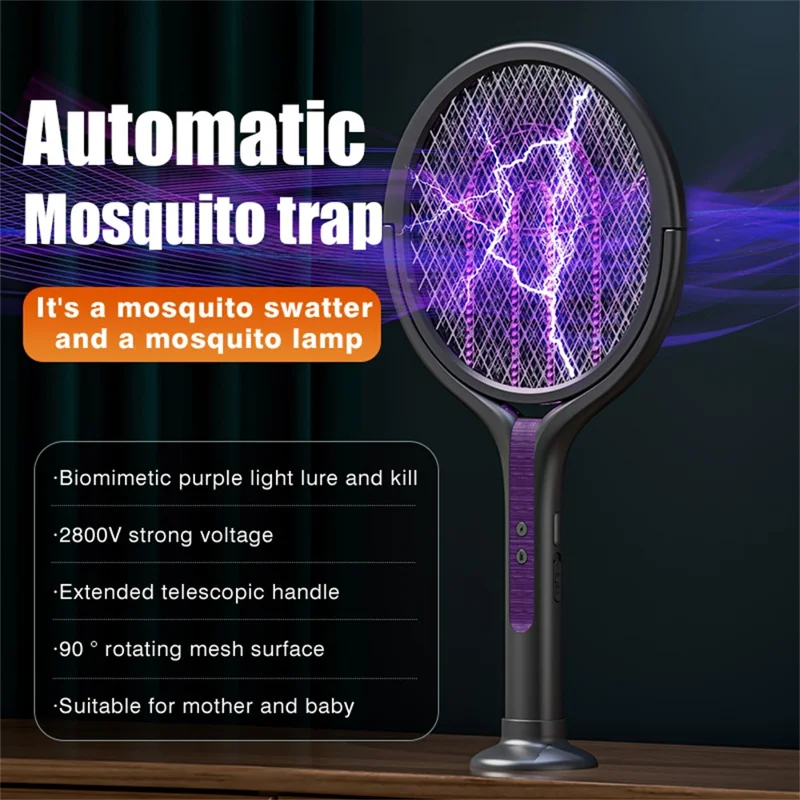 ML-308 Aciuola Elettrica Pieghevole 2800V Ricaricabile con Luce UV Rotabile a 90°, Trappola per Zanzare e Insetti per Uso Interno ed Esterno
