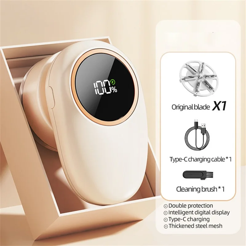 M1 Digital LCD Display Fabric Shaver 6-Blade Type-C Rechargeable Lint Remover for Home Clothes - White