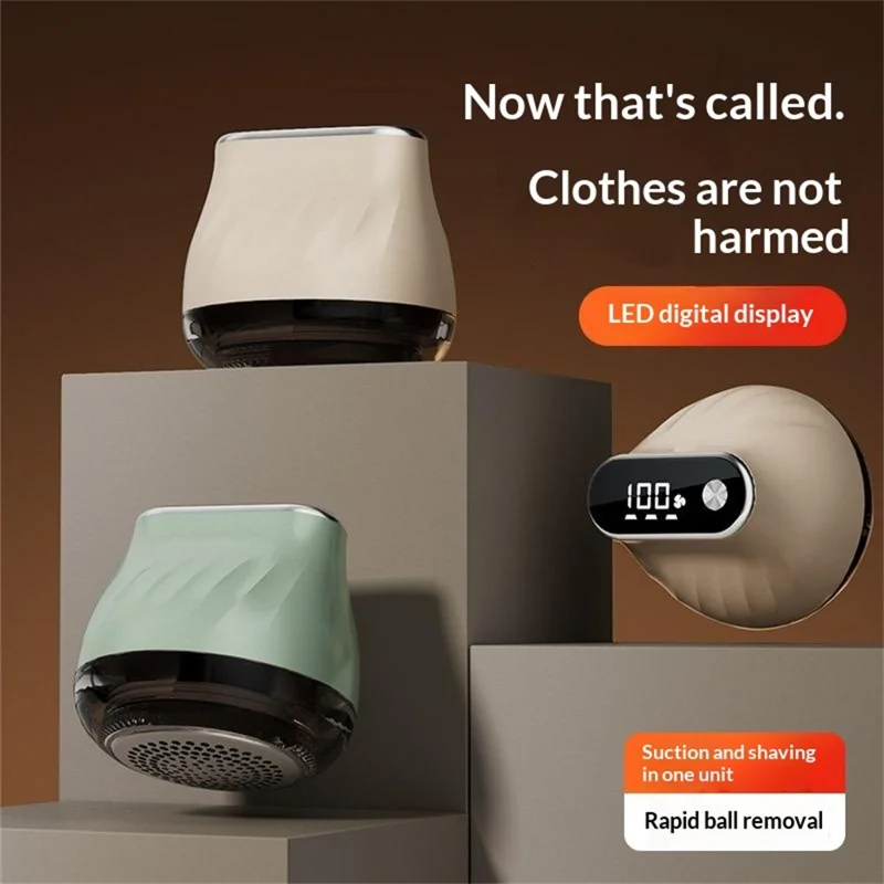 MQ-5 LED Display Electric Fabric Shaver 6-Blade Type-C Rechargeable Lint Remover for Clothes Sweaters - Beige