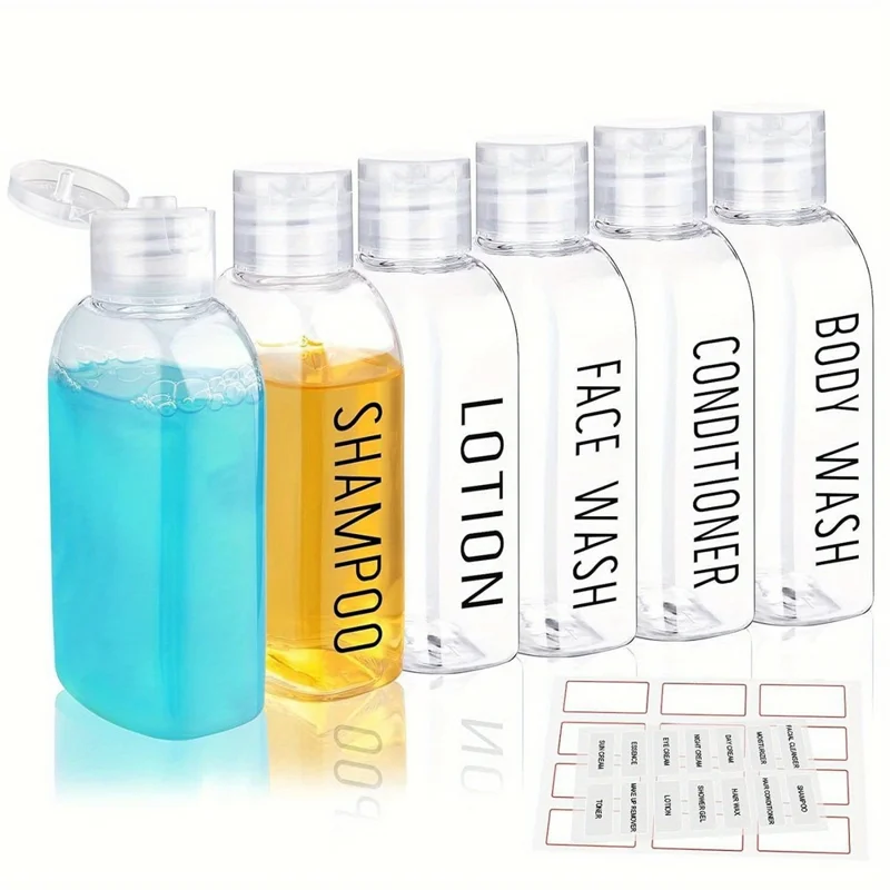 Conjunto de 6 Frascos de Viagem de 100ml, Frascos com Tampa Flip à Prova de Vazamentos, Aprovados pela TSA, com Rótulos para Champô e Condicionador