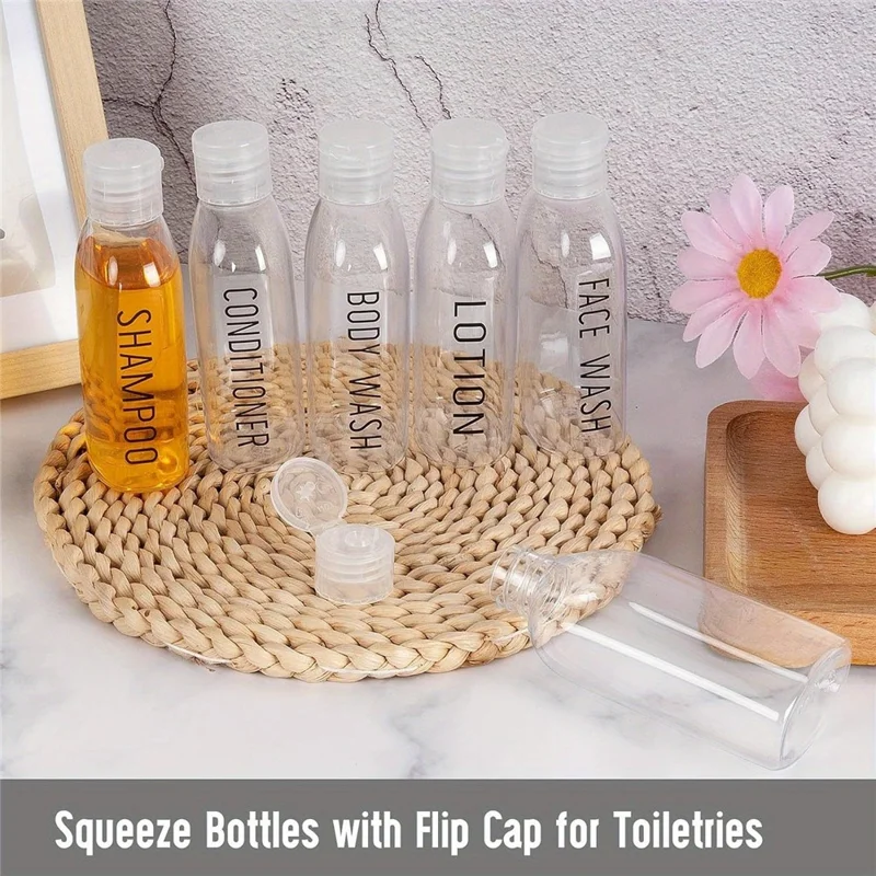 Conjunto de 6 Frascos de Viagem de 100ml, Frascos com Tampa Flip à Prova de Vazamentos, Aprovados pela TSA, com Rótulos para Champô e Condicionador