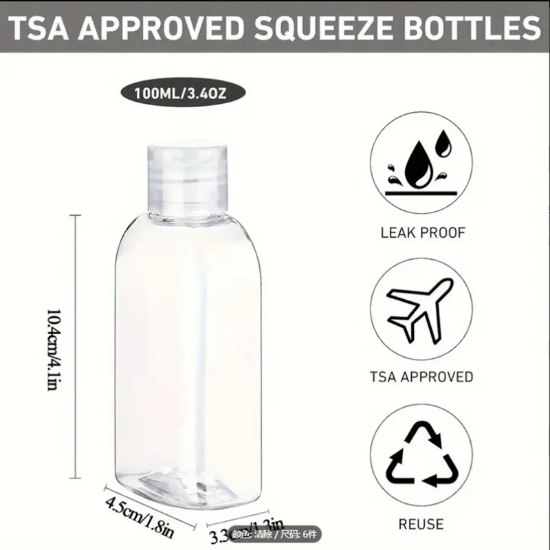 Conjunto de 6 Frascos de Viagem de 100ml, Frascos com Tampa Flip à Prova de Vazamentos, Aprovados pela TSA, com Rótulos para Champô e Condicionador