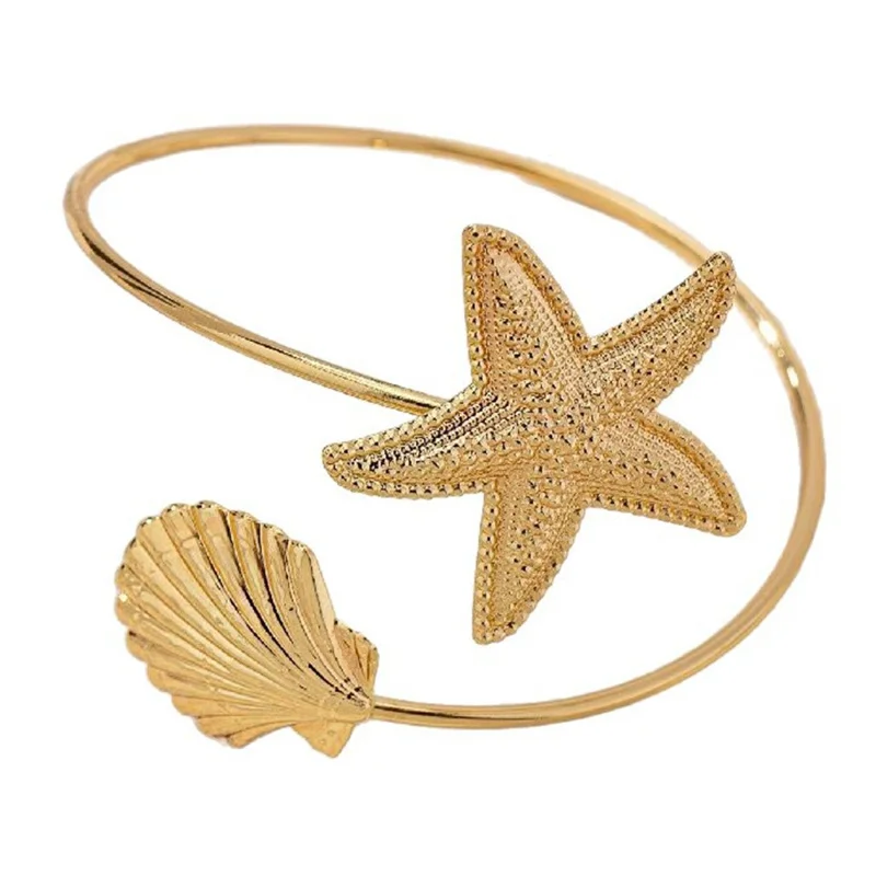 Ocean Theme Metal Starfish Shell Charm Upper Arm Cuff Bracelet Open Armlet Bangle for Women - Gold