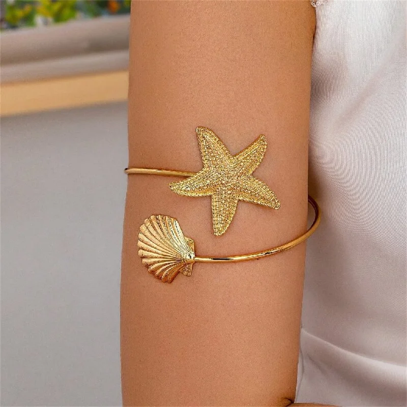 Ocean Theme Metal Starfish Shell Charm Upper Arm Cuff Bracelet Open Armlet Bangle for Women - Gold
