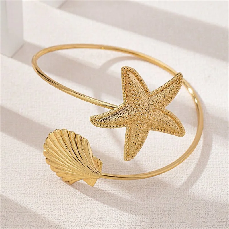 Ocean Theme Metal Starfish Shell Charm Upper Arm Cuff Bracelet Open Armlet Bangle for Women - Gold