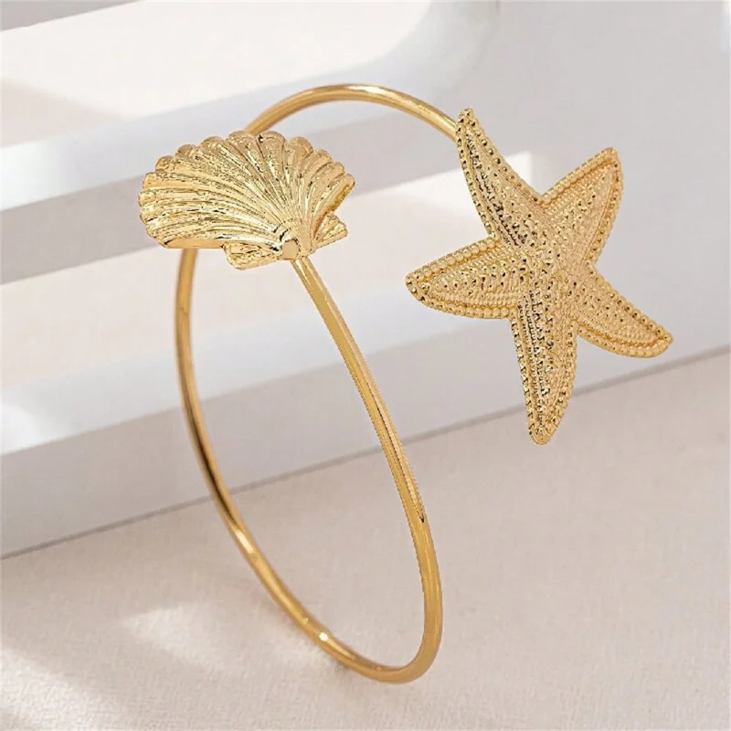 Ocean Theme Metal Starfish Shell Charm Upper Arm Cuff Bracelet Open Armlet Bangle for Women - Gold
