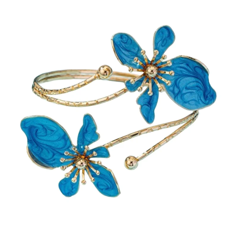 Fashion Open Cuff Armring med Emaille Dobbeltblomst Guldfarvet Armbånd til kvinder - Himmeblå