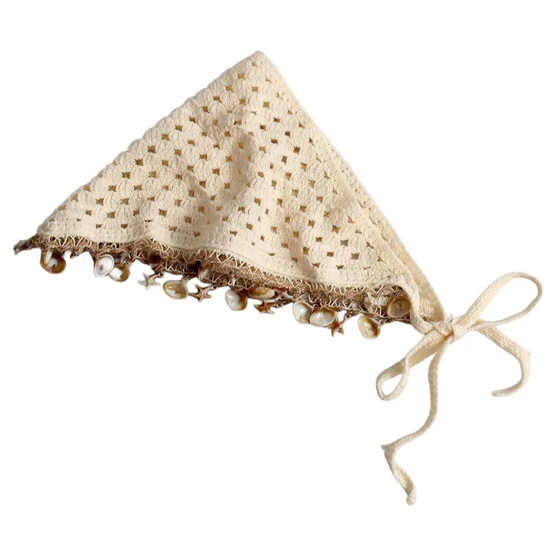 Lenço de Cabeça Triangular Artesanal Bohémio em Crochê de Algodão com Borla de Concha para Férias na Praia - Apriquique