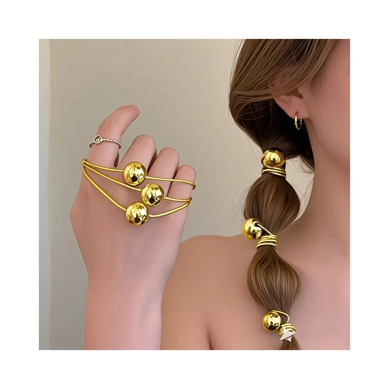 4Pcs Metallic Sphere Hair Ties Gold Silver Hair Bands Elastic Ponytail Holders for Low Ponytail Bun Braids - Gold