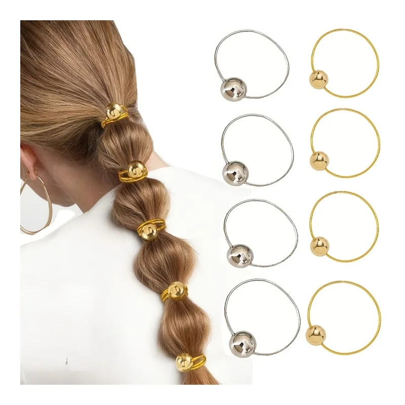 4Pcs Metallic Sphere Hair Ties Gold Silver Hair Bands Elastic Ponytail Holders for Low Ponytail Bun Braids - Gold
