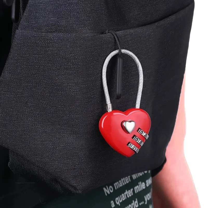 N708 Heart-Shaped Cable Lock 3-Digit Combination Steel Wire Rope Padlock Password Lock Password Lock for Luggage Bicycle - Red