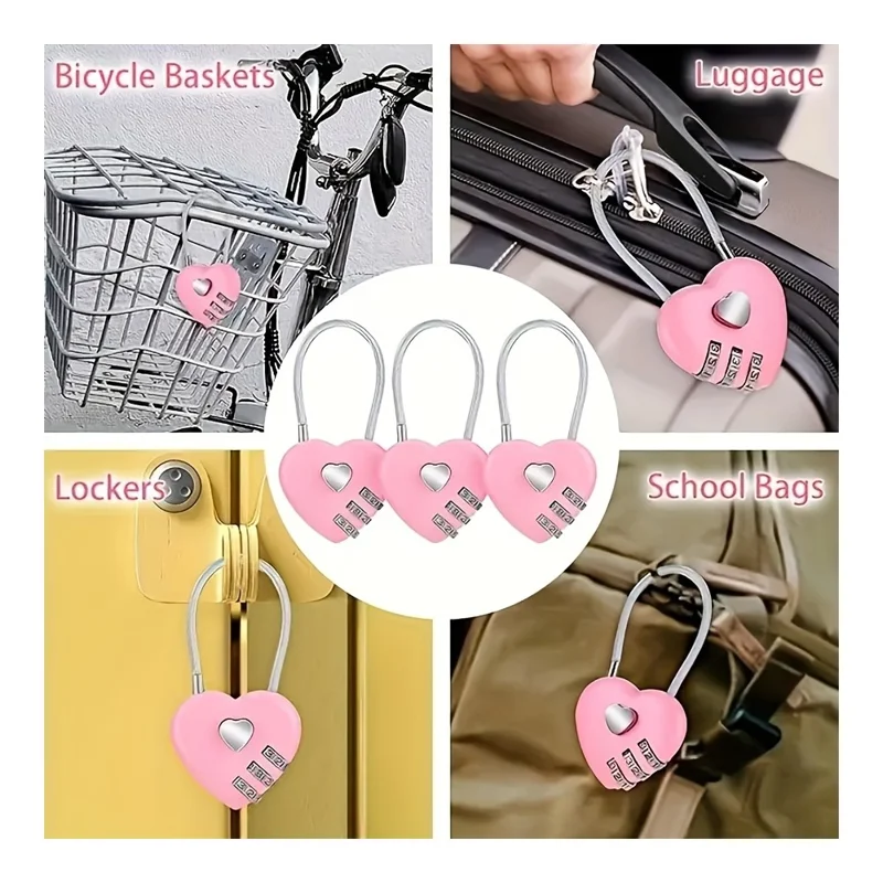 N708 Heart-Shaped Cable Lock 3-Digit Combination Steel Wire Rope Padlock Password Lock Password Lock for Luggage Bicycle - Red